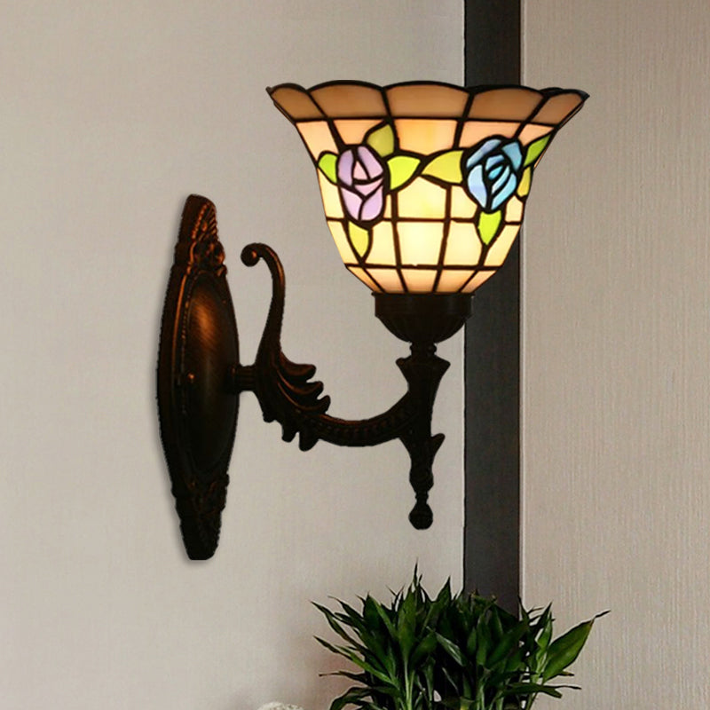 Tiffany Style Stained Glass Wall Sconce With Flared Design - Red/Pink/Blue Floral Pattern