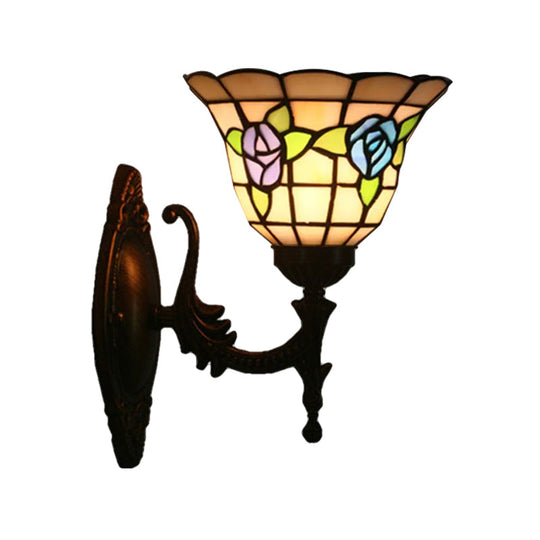 Tiffany Style Stained Glass Wall Sconce With Flared Design - Red/Pink/Blue Floral Pattern