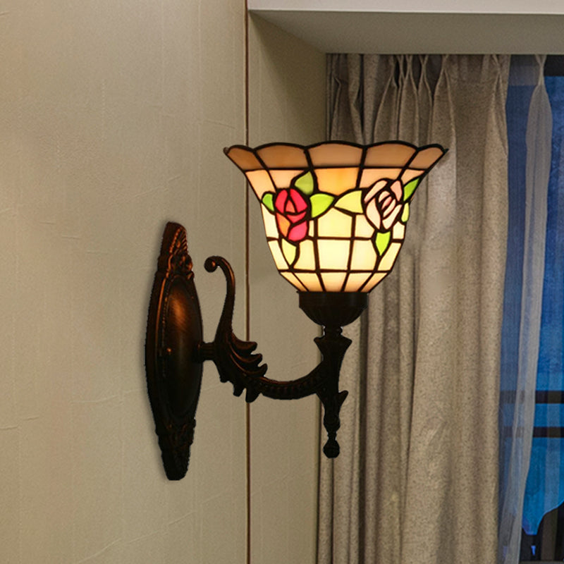 Tiffany Style Stained Glass Wall Sconce With Flared Design - Red/Pink/Blue Floral Pattern