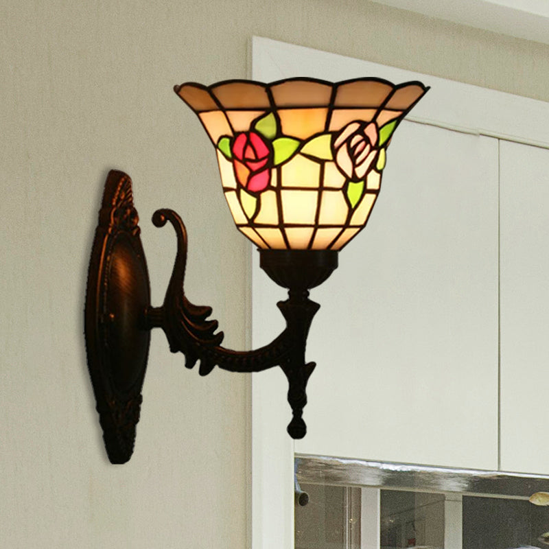 Tiffany Style Stained Glass Wall Sconce With Flared Design - Red/Pink/Blue Floral Pattern