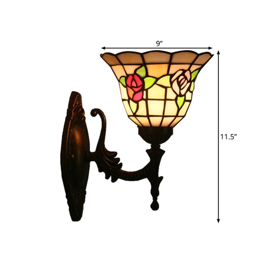 Tiffany Style Stained Glass Wall Sconce With Flared Design - Red/Pink/Blue Floral Pattern