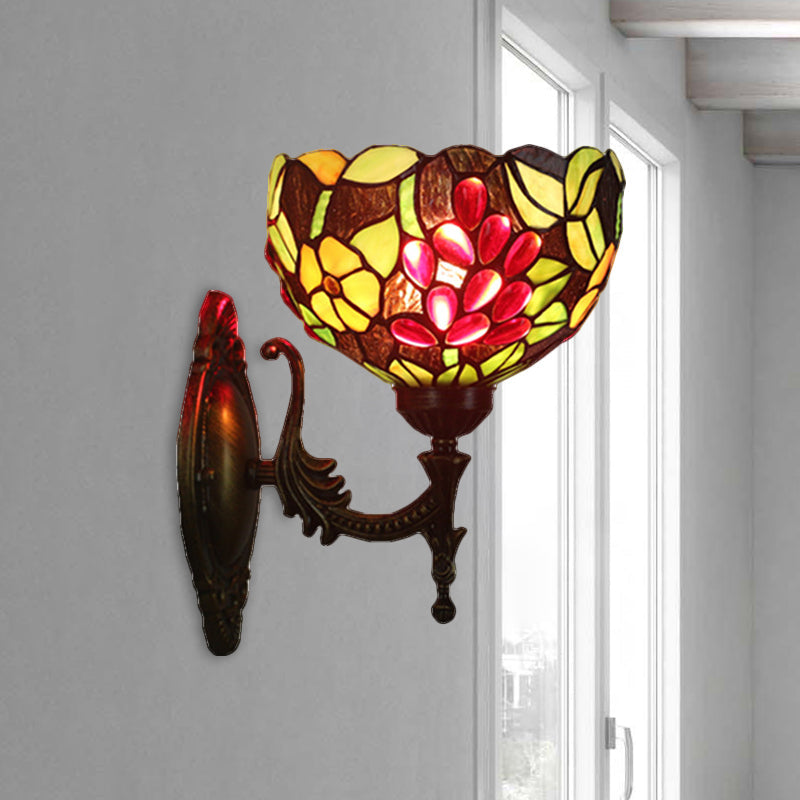 Tiffany Style Wall Sconce With Hand-Cut Glass And Brass Flower & Grape Design