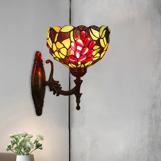 Tiffany Style Wall Sconce With Hand-Cut Glass And Brass Flower & Grape Design