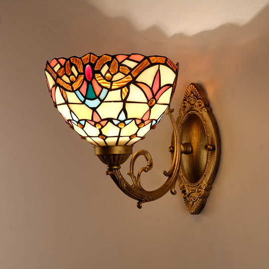 Baroque Gold Domed Wall Mount Lamp: 1-Head Stained Glass Sconce With Swirled Arm