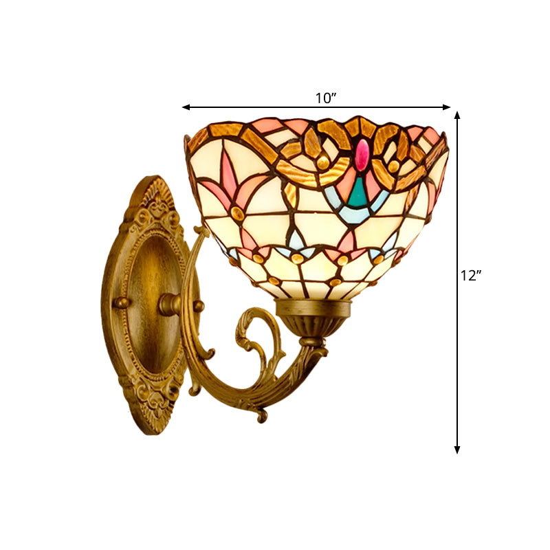 Baroque Gold Domed Wall Mount Lamp: 1-Head Stained Glass Sconce With Swirled Arm