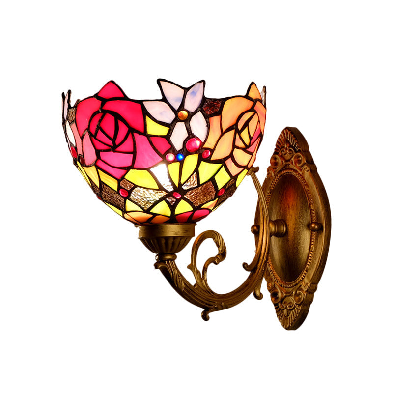 Victorian Stained Glass Wall Light With Gold Bowl Shade And Petal Pattern