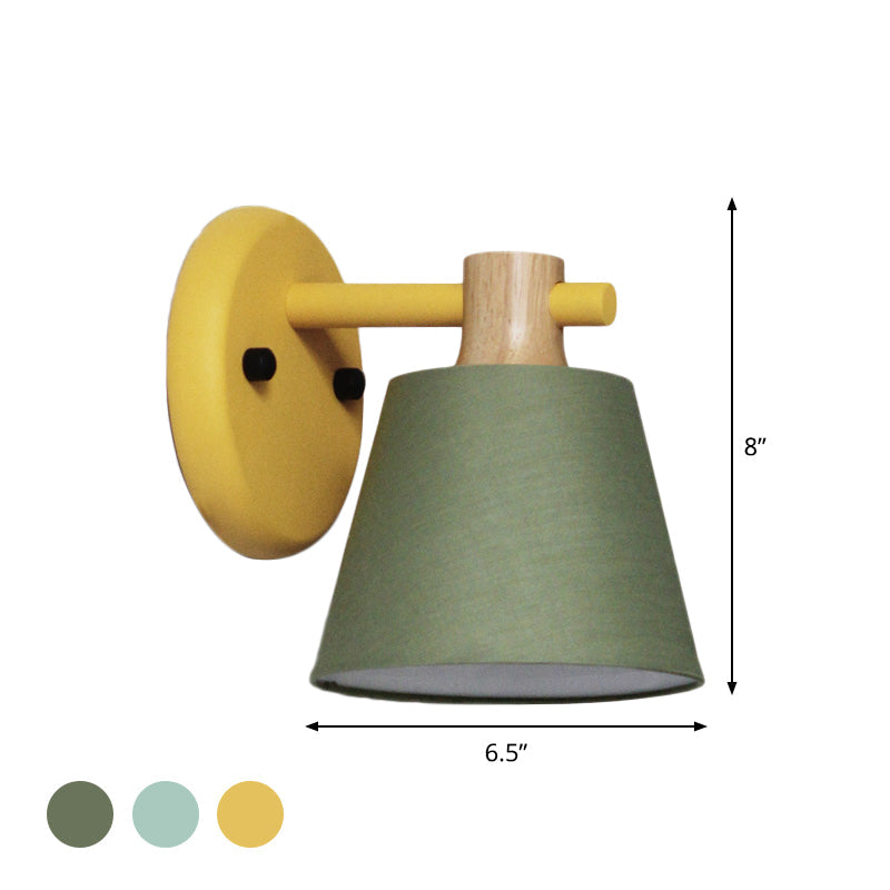 Rustic Barrel Wall Light With Wooden Top And Colorful Fabric Shade Single Bulb