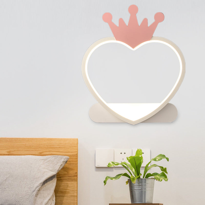 Adorable Cartoon Heart Led Nursery Wall Sconce With Crown Design Pink