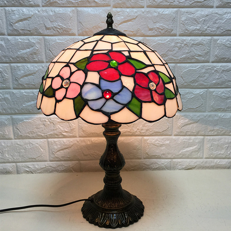 Art Deco Stained Glass Table Lamp With Floral Design And Dome Shade