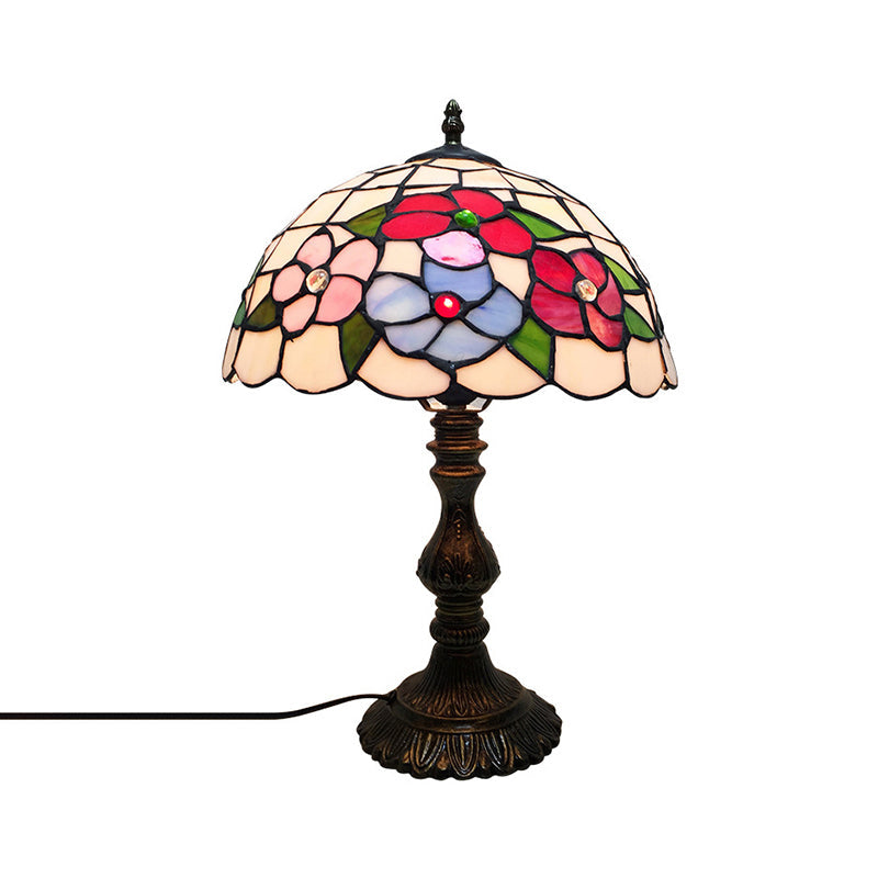 Art Deco Stained Glass Table Lamp With Floral Design And Dome Shade