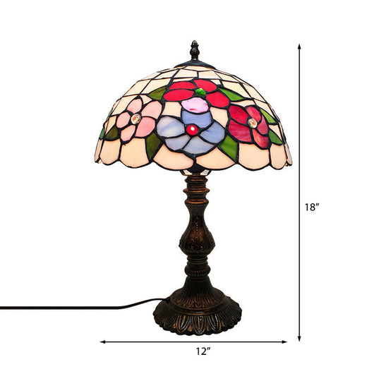 Art Deco Stained Glass Table Lamp With Floral Design And Dome Shade