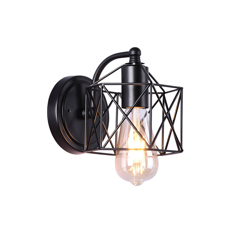 Antique Metal Hexagon Frame Wall Light For Parlor - Black Single Head