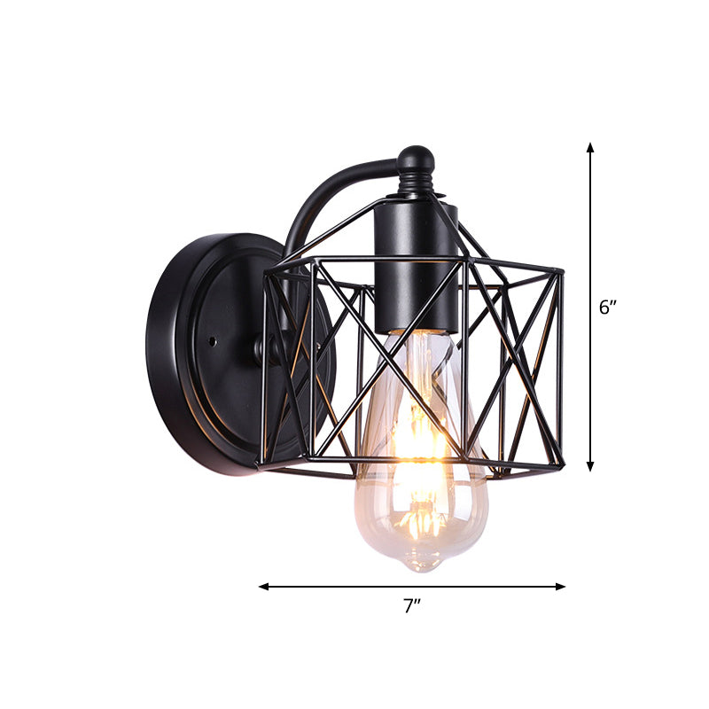 Antique Metal Hexagon Frame Wall Light For Parlor - Black Single Head