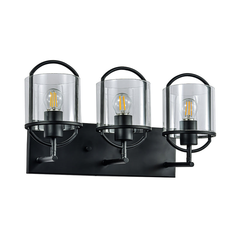 Retro Style Clear Glass Wall Light With Black Cylinder Shades - 3 Heads Oval Frame Design