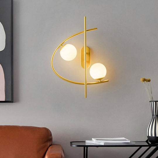 Modernist Milk Glass Ball 2-Bulb Led Wall Sconce For Living Room - Brass Finish