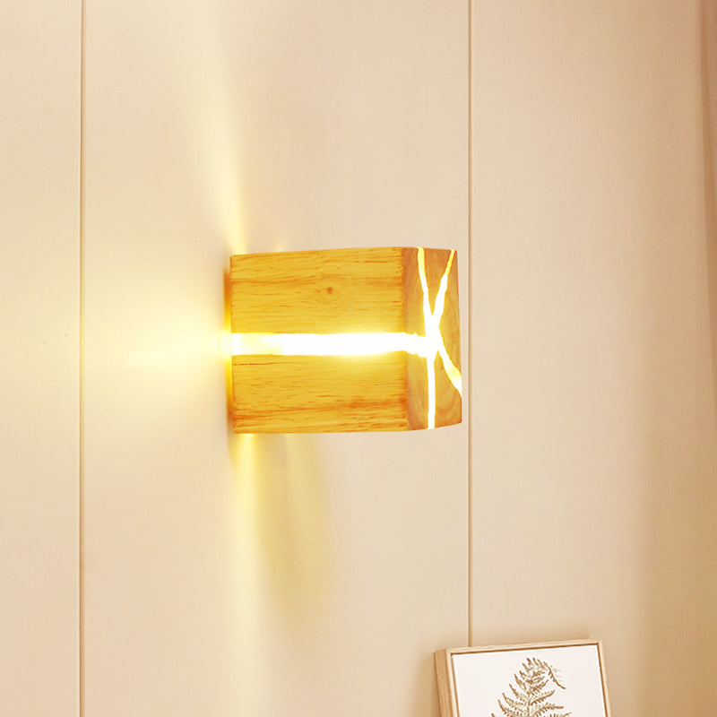 Contemporary Cube Wood Led Wall Light In Burlywood - 1-Light Fixture