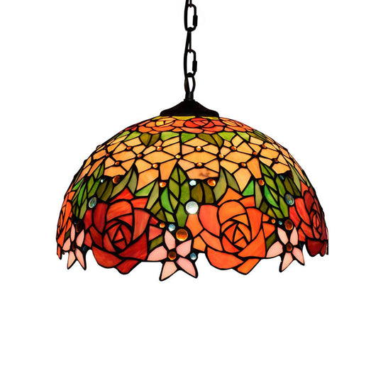 Victorian Stained Glass Rose Pendant Light In Black - 1 Head Hanging Kit For Living Room