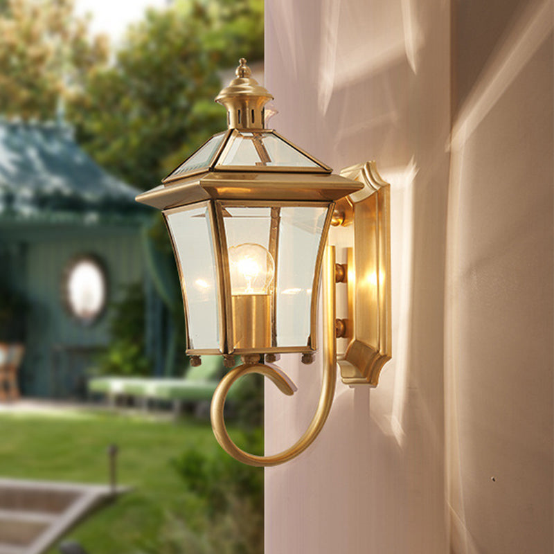 Retro Style Clear Glass Lantern Wall Light With Brass Finish - Lodge Lighting Idea