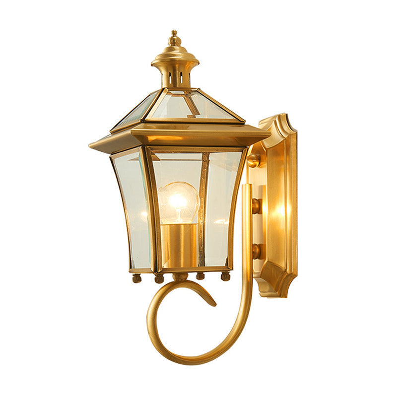 Retro Style Clear Glass Lantern Wall Light With Brass Finish - Lodge Lighting Idea