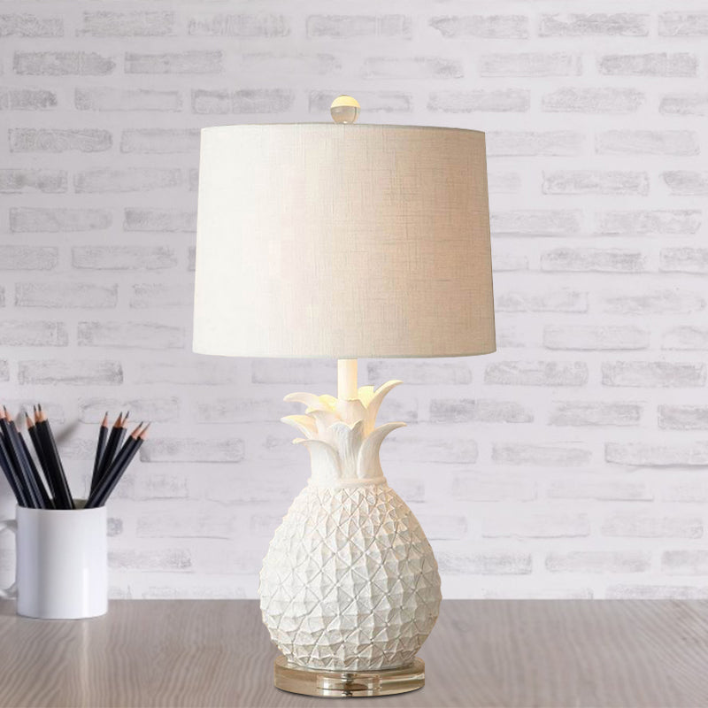 Pineapple Night Light: Resin Cartoon Table Lamp With Drum Fabric Shade 1 Bulb White/Yellow Glow