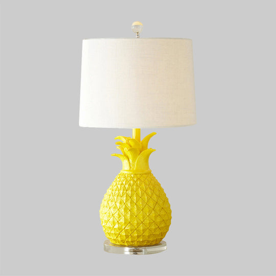 Pineapple Night Light: Resin Cartoon Table Lamp With Drum Fabric Shade 1 Bulb White/Yellow Glow