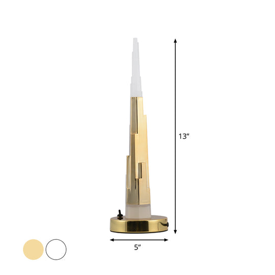 Modern Burj Tower Nightstand Lamp: Acrylic Led Table Light In White/Gold For Study Room