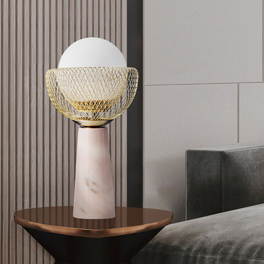 Rita - Minimalist Sphere White Glass Table Light Minimalist 1-Head Gold Night Lamp with Mesh Design