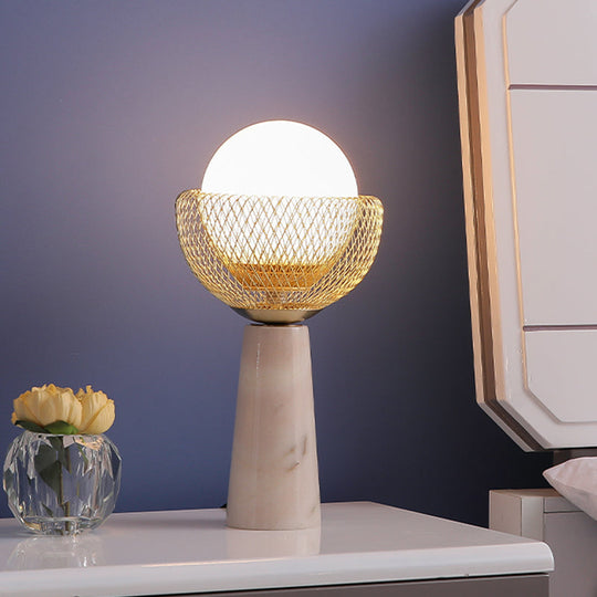 Rita - Minimalist Sphere White Glass Table Light Minimalist 1-Head Gold Night Lamp with Mesh Design