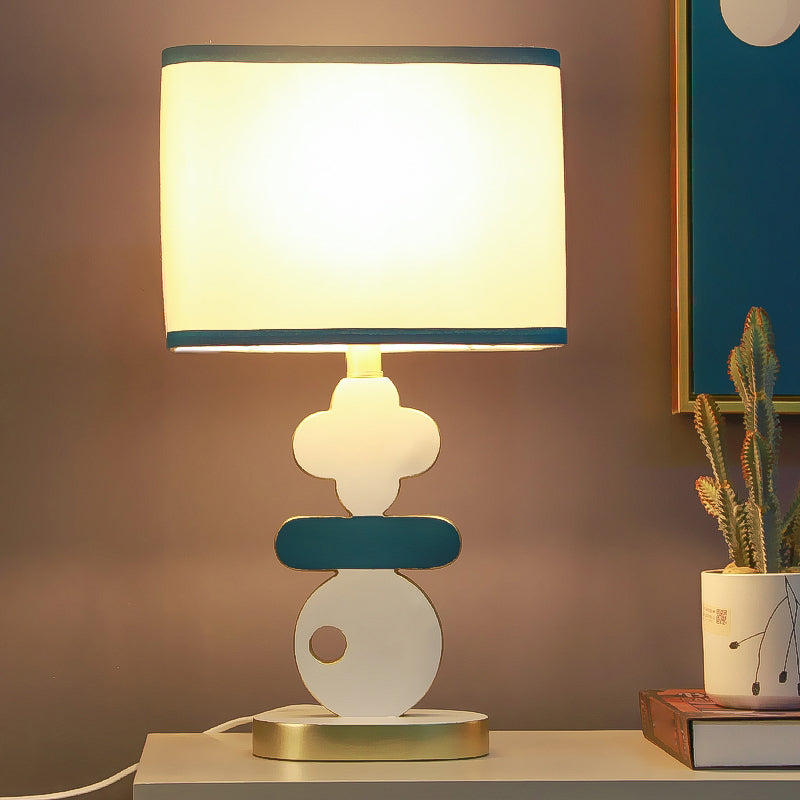 Modern Blue/Green Bedside Night Lamp With Single Light Barrel Fabric Shade - Perfect For Reading And