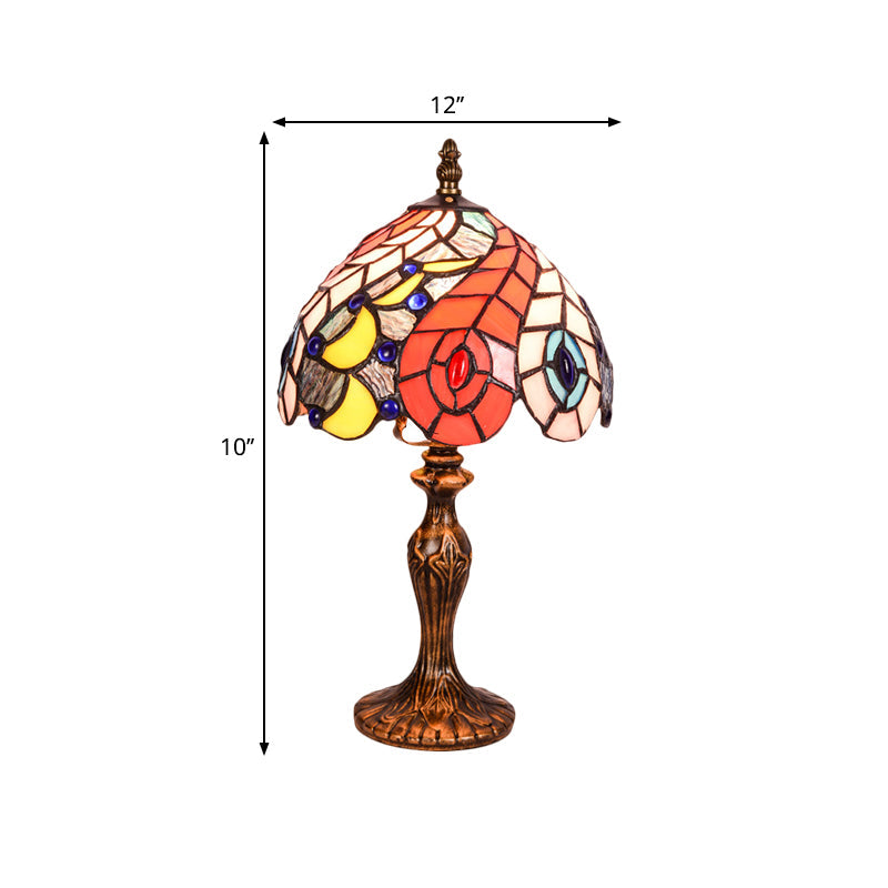 Hortense - Baroque 2-Light Bedroom Table Lamp Baroque Brass Peacock Tail Patterned Night Light with Bowl Stained Glass Shade