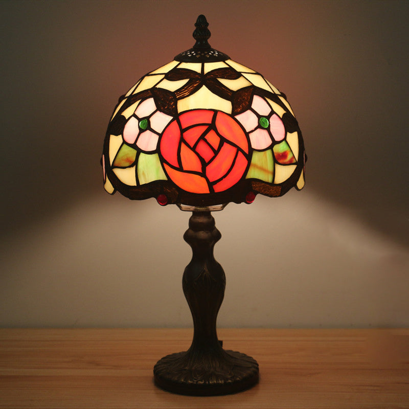 Tiffany Style Rose Patterned Domed Table Light - Hand Cut Glass Nightstand Lamp For Bedroom