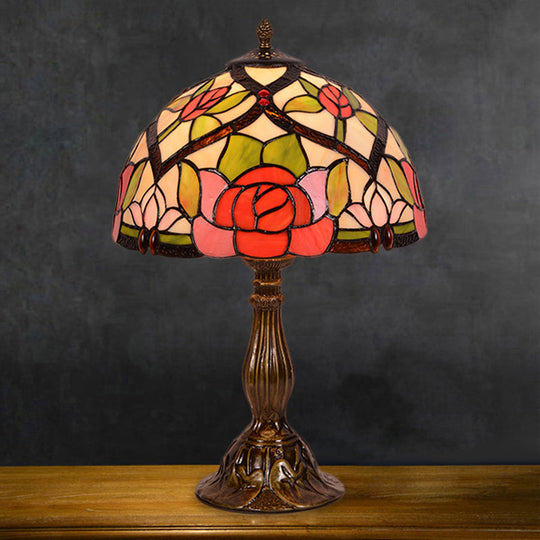 Alrai - Victorian Bloom Night Lighting Victorian Stained Glass 1 Light Brass Finish Nightstand Lamp with Bowl Shade