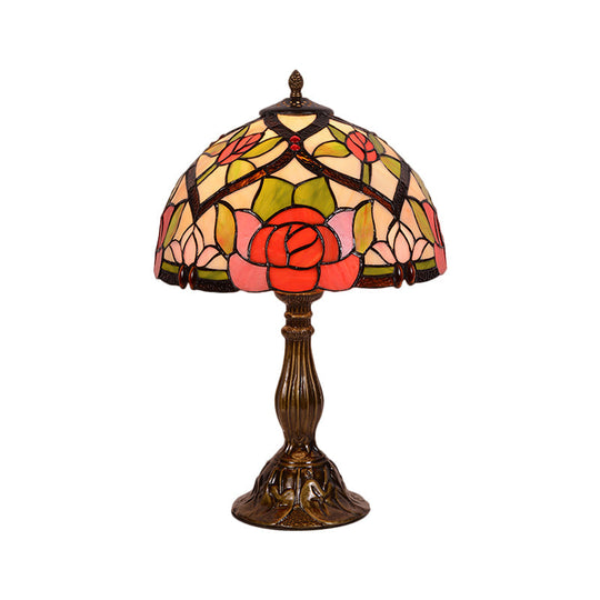 Alrai - Victorian Bloom Night Lighting Victorian Stained Glass 1 Light Brass Finish Nightstand Lamp with Bowl Shade