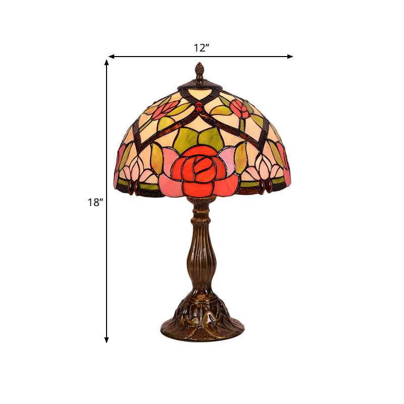 Victorian Stained Glass Nightstand Lamp With Brass Finish & Bowl Shade