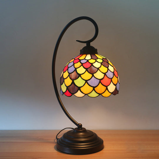 Anna - Tiffany Bronze Dome Shaped Night Table Light Tiffany 1 Light Stained Glass Nightstand Lamp with Fishscale Pattern