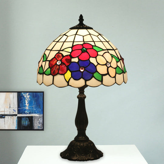 Mediterranean Brass Grid Dome Night Table Lighting With Hand Cut Glass Flower Pattern - 1-Light