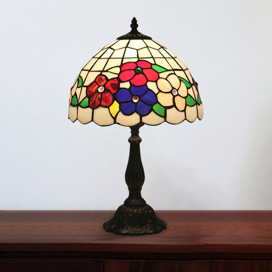 Mediterranean Brass Grid Dome Night Table Lighting With Hand Cut Glass Flower Pattern - 1-Light