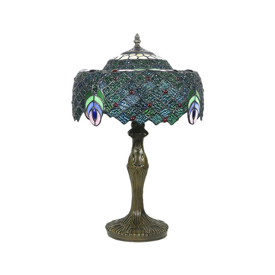 Blue Baroque Glass Nightstand Lamp With Peacock Feather Pattern