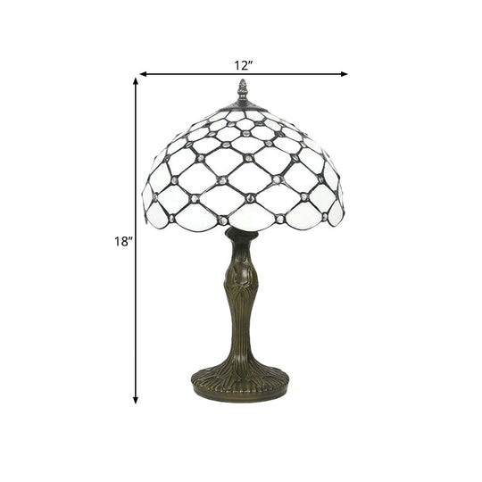 Brass Tiffany White Glass Beaded Task Lamp With Scalloped Edge - 1 Light Night Lighting