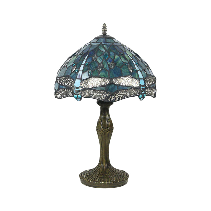 Mediterranean Stained Glass Night Lamp With Dragonfly Pattern - 1-Light Brass Nightstand Light