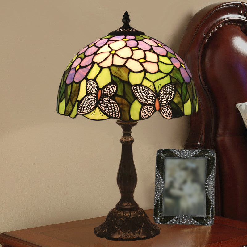 Green Glass Butterfly And Petal Nightstand Lamp With Dome Shade - Hand Cut Mediterranean Table