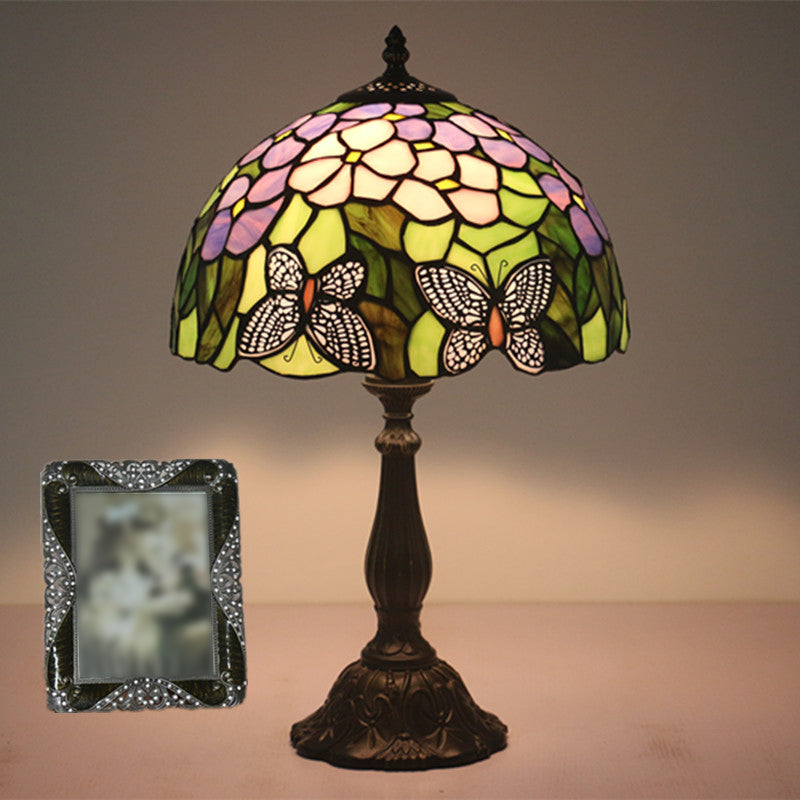 Green Glass Butterfly And Petal Nightstand Lamp With Dome Shade - Hand Cut Mediterranean Table