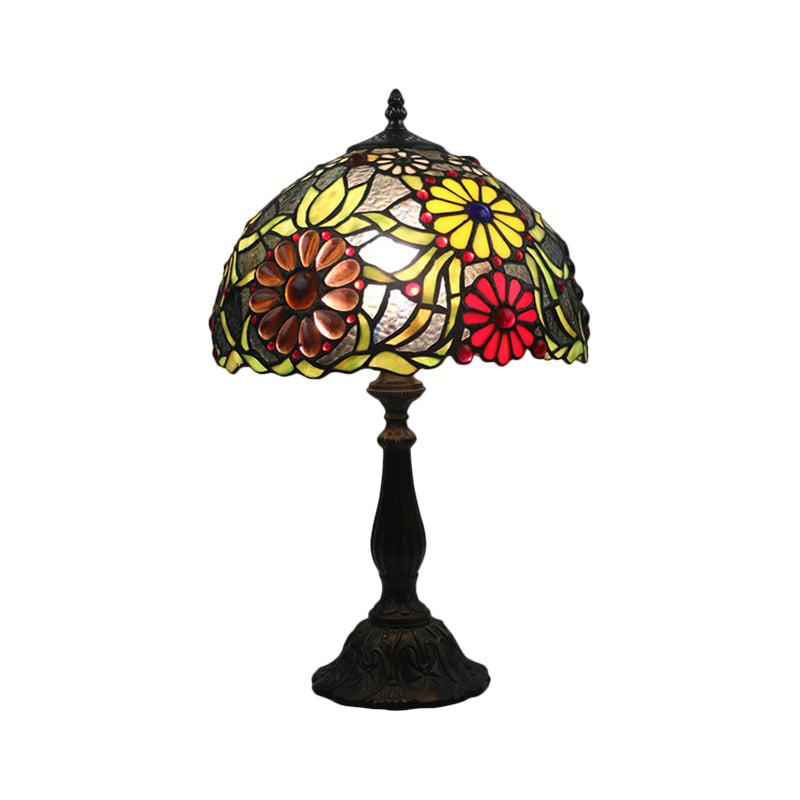 Mediterranean Green Glass Table Lamp With Hand-Cut Flower Pattern - Night Lighting Solution