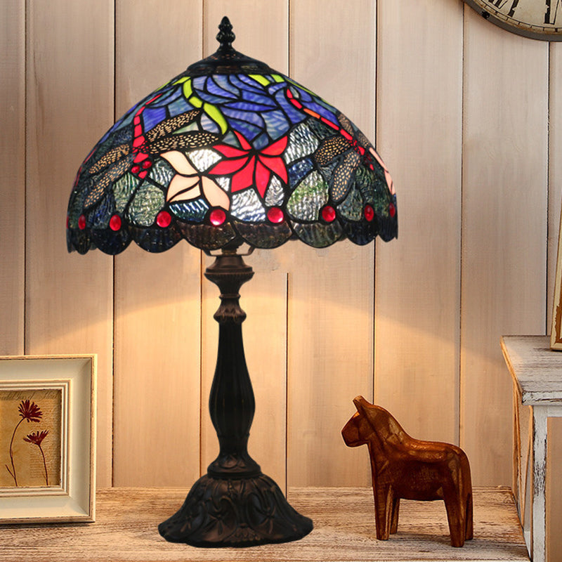 Stained Glass Brass Reading Light Bowl Nightstand Lamp - Mediterranean Flower Pattern