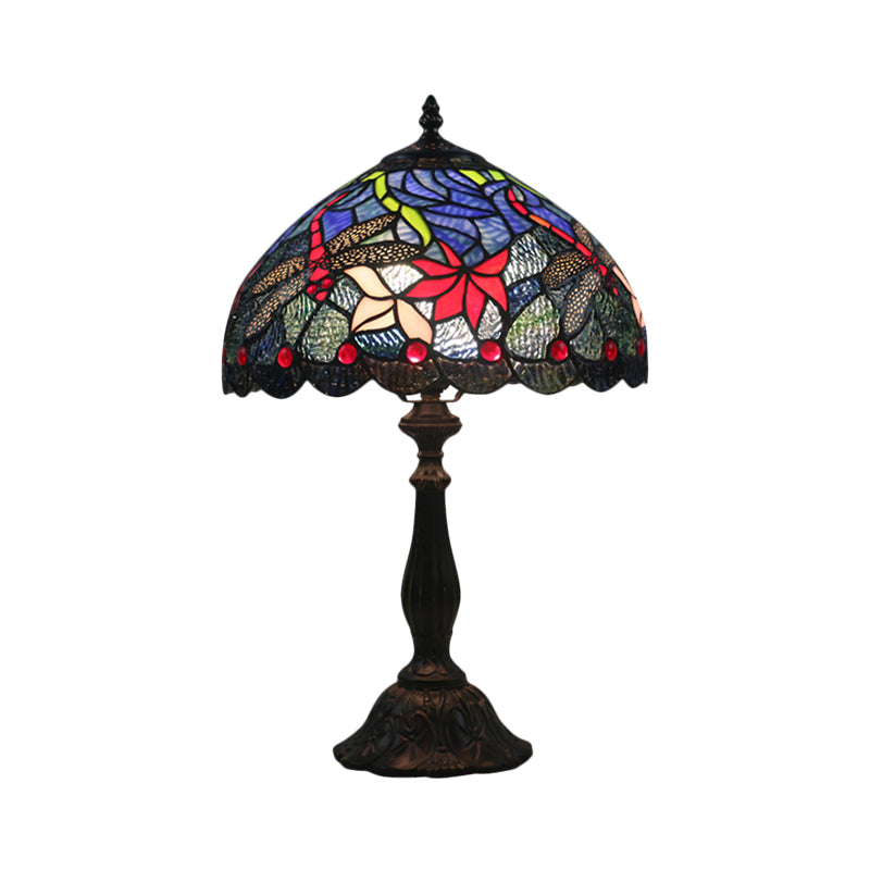 Stained Glass Brass Reading Light Bowl Nightstand Lamp - Mediterranean Flower Pattern