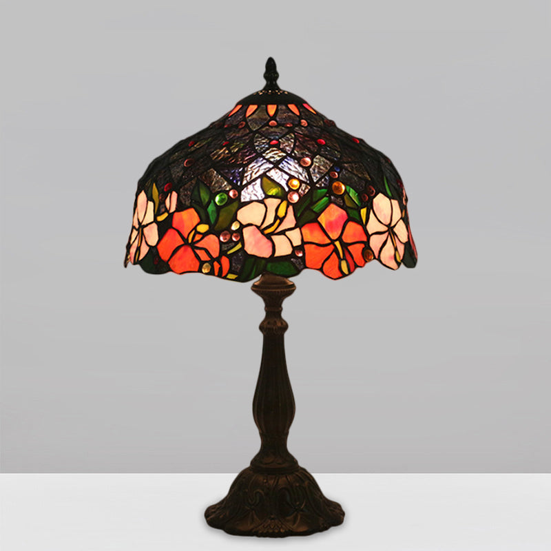 Victorian Brass Floral Patterned Bedroom Lamp With Bowl Cut Glass Shade - Includes Night Light