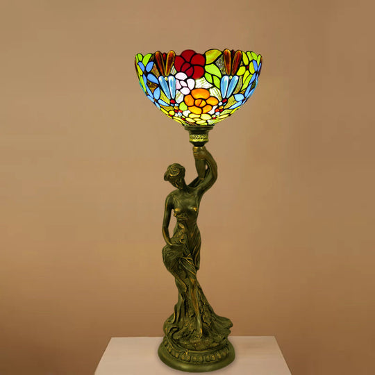 Bowl Table Night Lamp In Brass With Stained Glass Baroque Petal/Dragonfly Pattern & Resin Naked