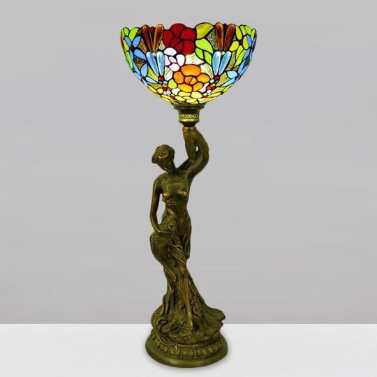 Bowl Table Night Lamp In Brass With Stained Glass Baroque Petal/Dragonfly Pattern & Resin Naked