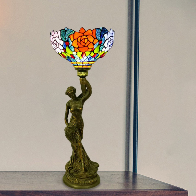 Bowl Table Night Lamp In Brass With Stained Glass Baroque Petal/Dragonfly Pattern & Resin Naked