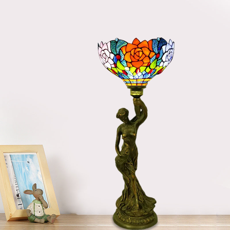 Bowl Table Night Lamp In Brass With Stained Glass Baroque Petal/Dragonfly Pattern & Resin Naked